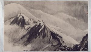 近代傅抱石雪山行旅圖橫幅