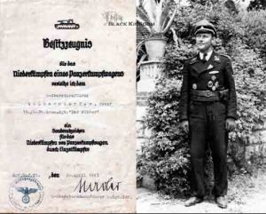 武裝黨衛軍獲授證明檔案，批准時間1943年04月20日，A5尺寸(150mm×210mm)。另附有Oskar Wolkerstorfer個人照片，其最終戰果4輛，注意照片顯示中獲得的其他獎章：近距離作戰勛飾、一/二級鐵十字、東線章、步兵突擊章、坦克突擊章、戰傷章、德意志十字。