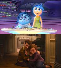 上圖：樂樂憂憂創造第一個雙色核心記憶；下圖：萊莉一家抱在一起