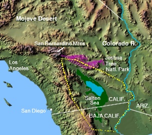 （圖）科羅拉多沙漠（黃色）顯示約書亞樹國家公園