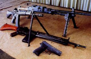 從陸上自衛隊借來的輕武器。從前面開始是9毫米SIG P220手槍、64式步槍、89式步槍、52式機槍