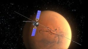 藝術家概念中的火星快車軌道器繞火星轉動