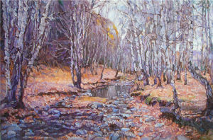 油畫+《樺林秋色》+80x120cm+2015年